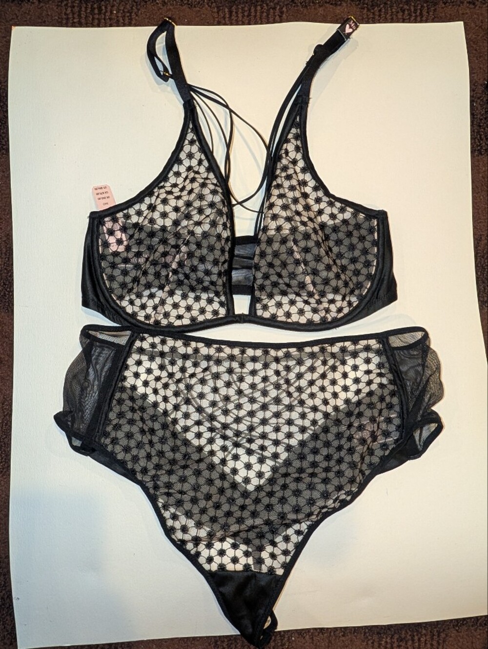 VS Sheer Floral Mesh Bralette and High-Waist Brief Set - Black
